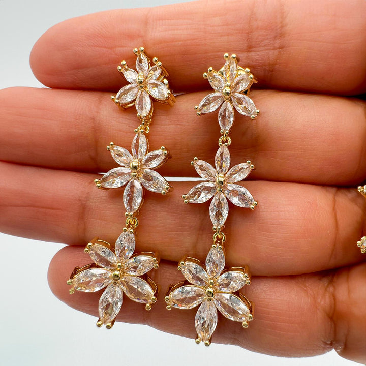 Three-Tier Flower Drop Earrings with Cubic Zirconia for Women