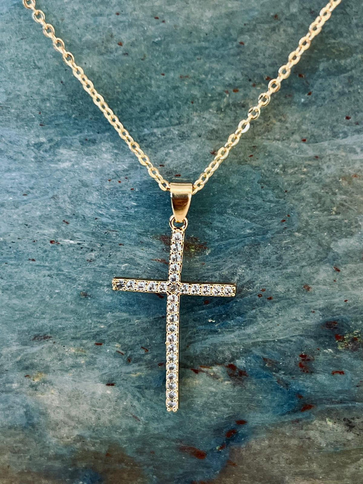 Gold Plated Cubic Zirconia Cross Pendant Necklaces for Women - Linear Bezel CZ Religious Cross Faith Pendant Necklace crucifix necklace