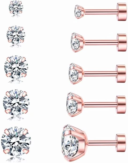 5-Pair Stud Earring Set | Hypoallergenic CZ | 316L Stainless Steel | 3-8mm | Perfect for Sensitive Ears