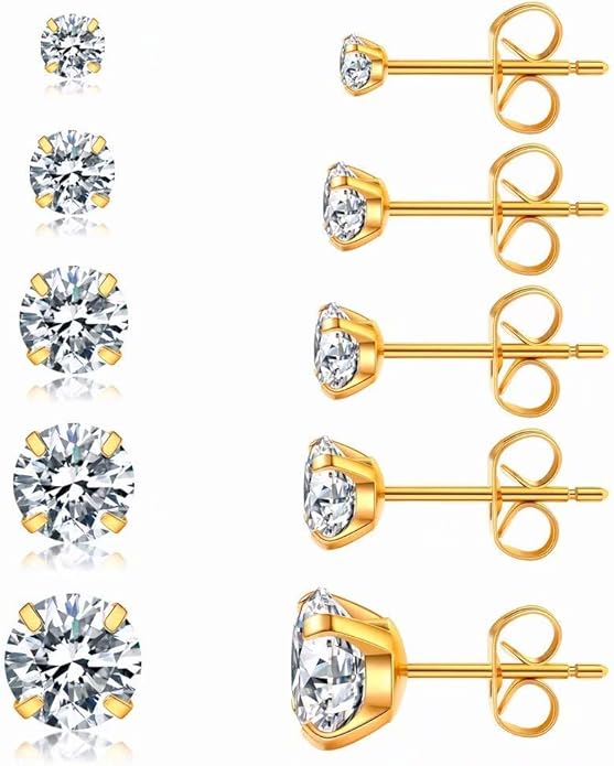 5-Pair Stud Earring Set | Hypoallergenic CZ | 316L Stainless Steel | 3-8mm | Perfect for Sensitive Ears