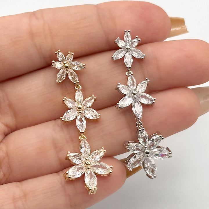 Three-Tier Flower Drop Earrings with Cubic Zirconia for Women