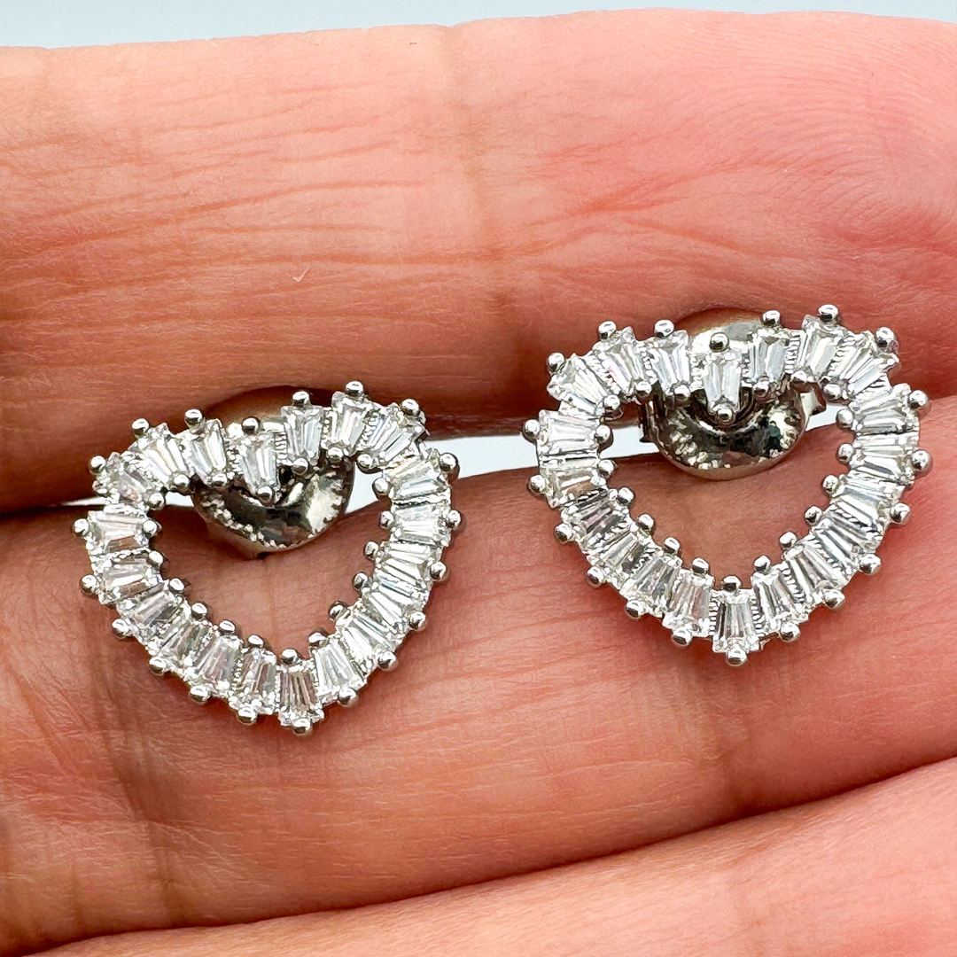 Heart-Shaped Baguette CZ Stud Earrings for Women, Elegant and Sparkly Design