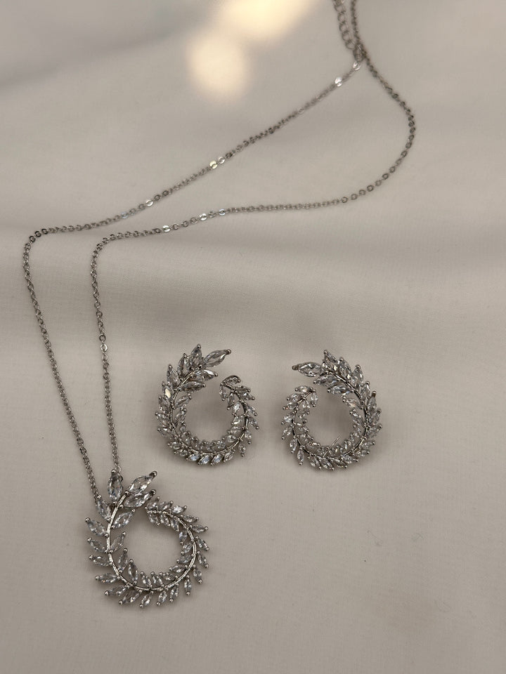 Sparkling Olive Branch Cubic Zirconia Necklace and Earrings Set