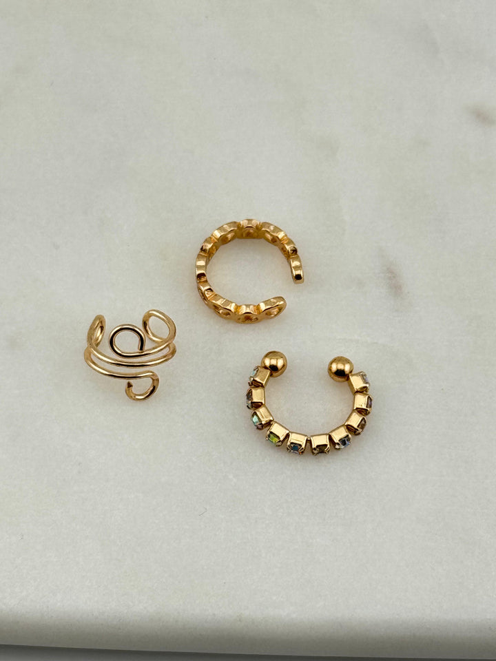 3-Piece Gold-Tone Ring Set, Mixed Styles, Open hoop, Crystal-lined, and twisted