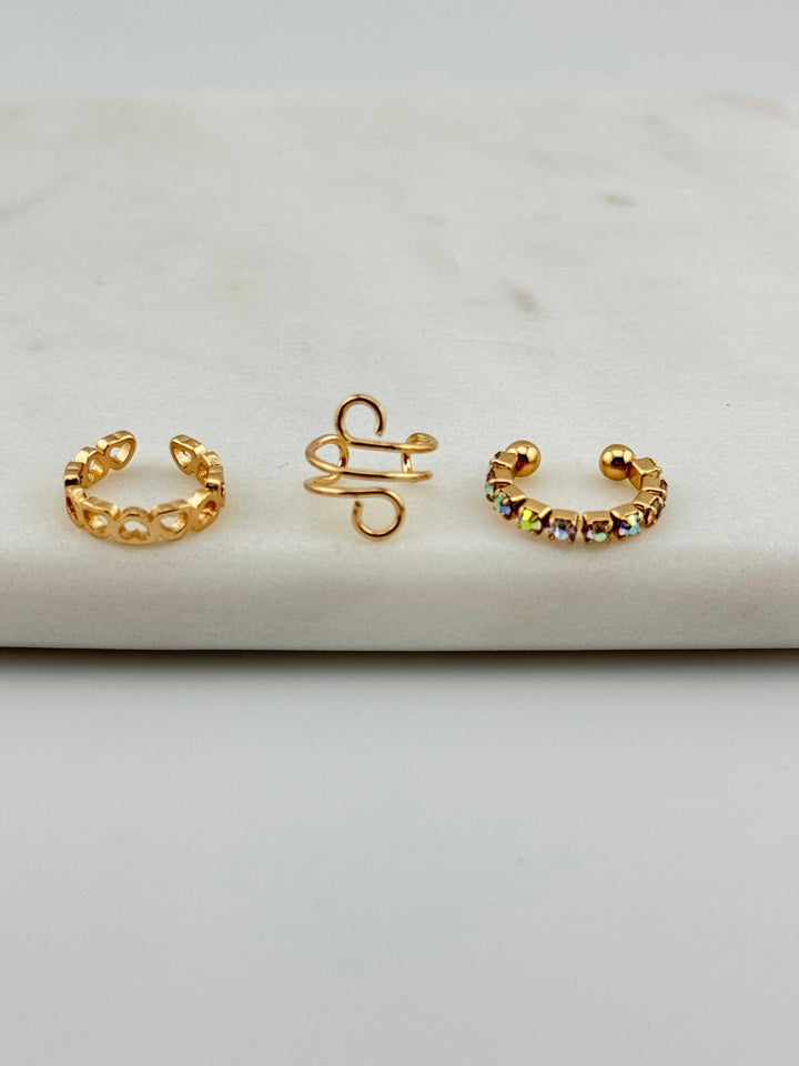 3-Piece Gold-Tone Ring Set, Mixed Styles, Open hoop, Crystal-lined, and twisted