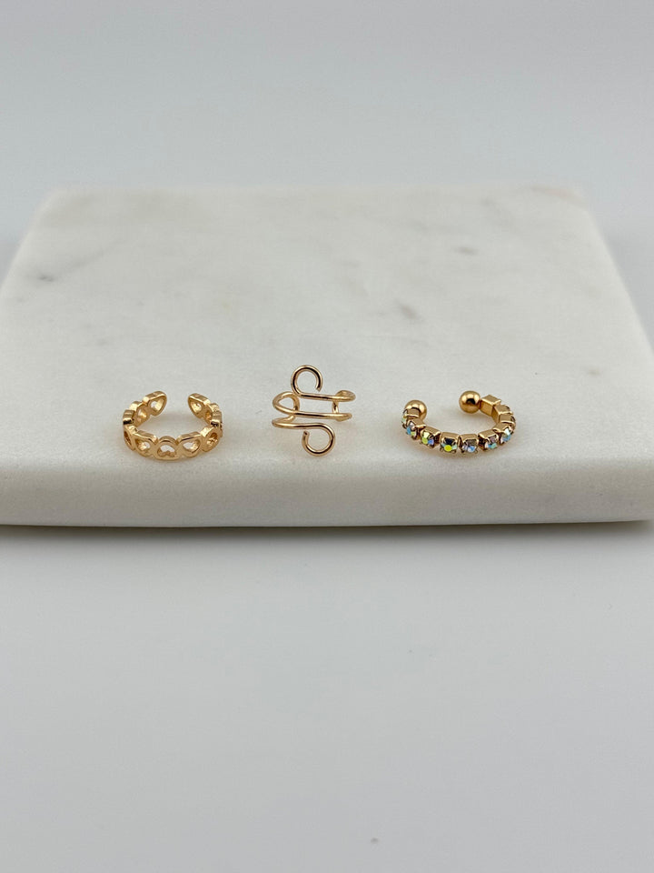 3-Piece Gold-Tone Ring Set, Mixed Styles, Open hoop, Crystal-lined, and twisted