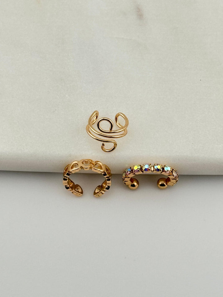 3-Piece Gold-Tone Ring Set, Mixed Styles, Open hoop, Crystal-lined, and twisted