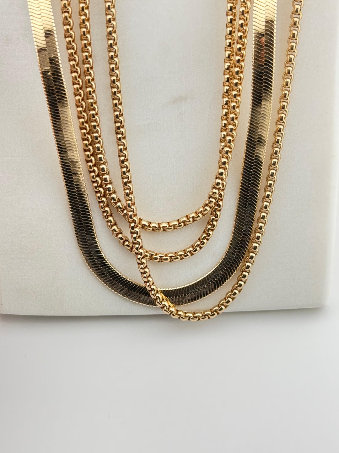 Gold-Tone Three Layered Necklace with Snake Chain and Box Chain for Women