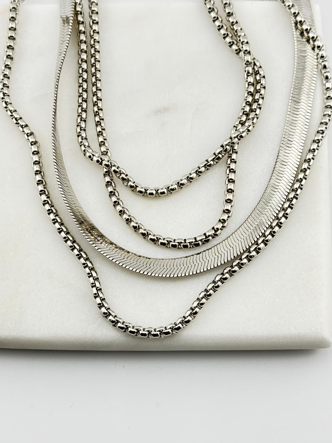 Gold-Tone Three Layered Necklace with Snake Chain and Box Chain for Women