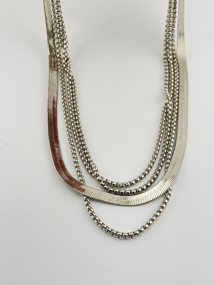 Gold-Tone Three Layered Necklace with Snake Chain and Box Chain for Women