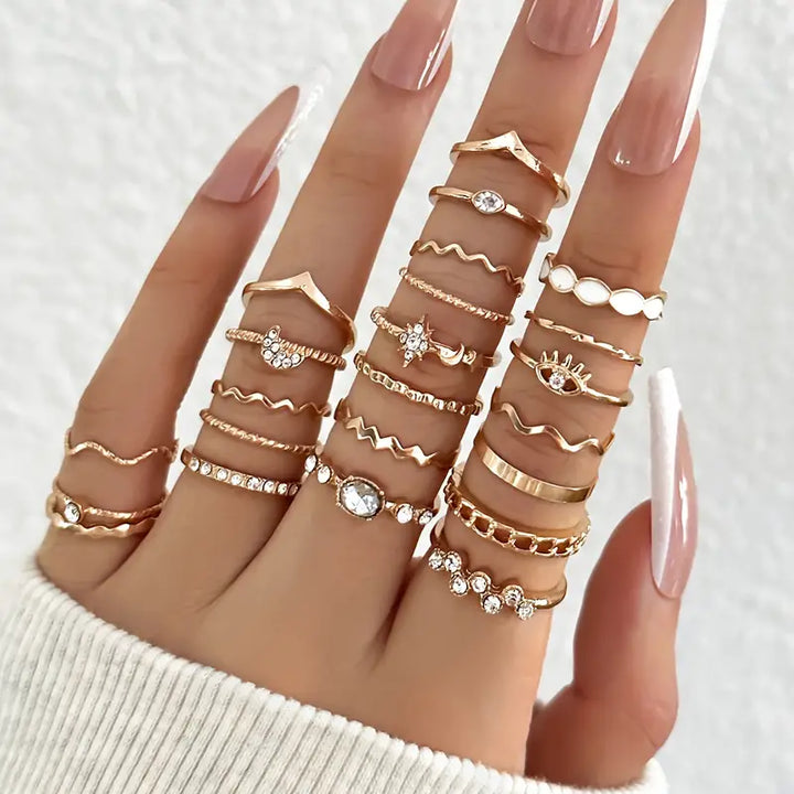 23-Piece Ring Set, Fashion Jewelry- Geometric, Moon & Star Ring Set, Rhinestone - Trendy Mix & Match Ring Set