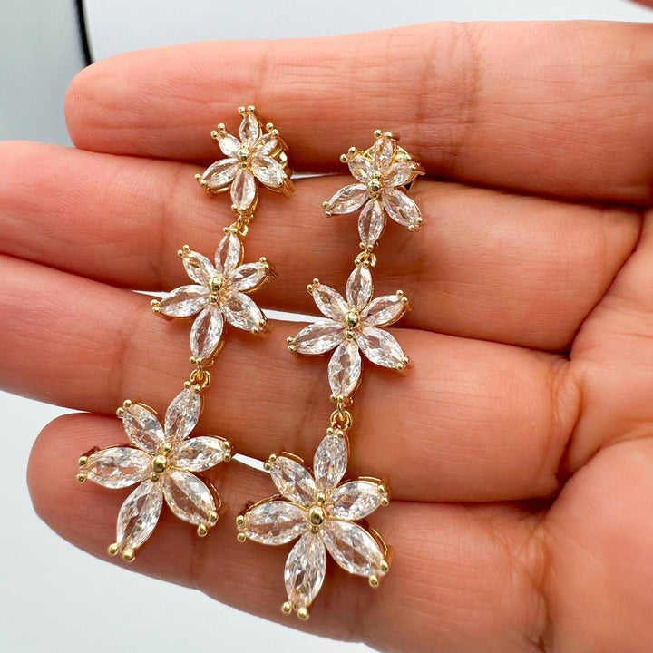 Three-Tier Flower Drop Earrings with Cubic Zirconia for Women