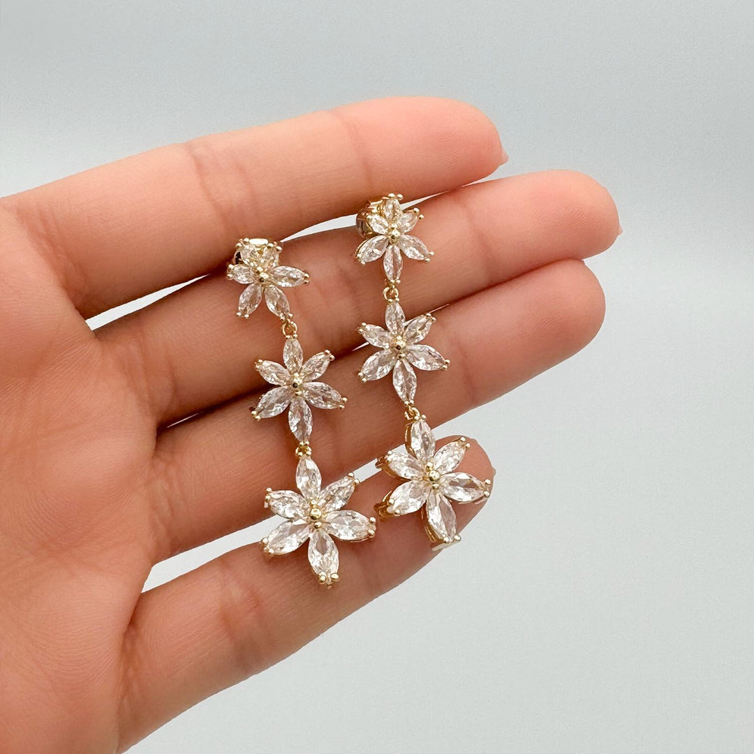 Three-Tier Flower Drop Earrings with Cubic Zirconia for Women