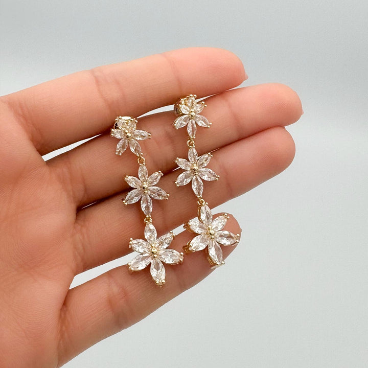 Three-Tier Flower Drop Earrings with Cubic Zirconia for Women